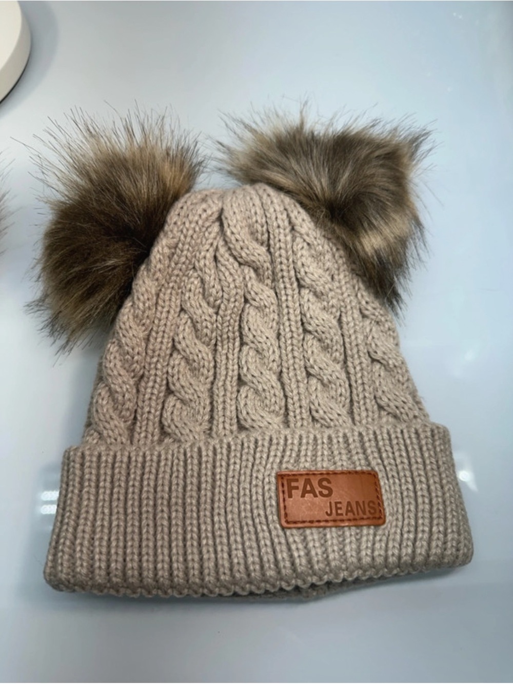 FAS Jeans Kids Cable Knit Faux Fur Pom Pom Beanie - Beige, Toddler size
